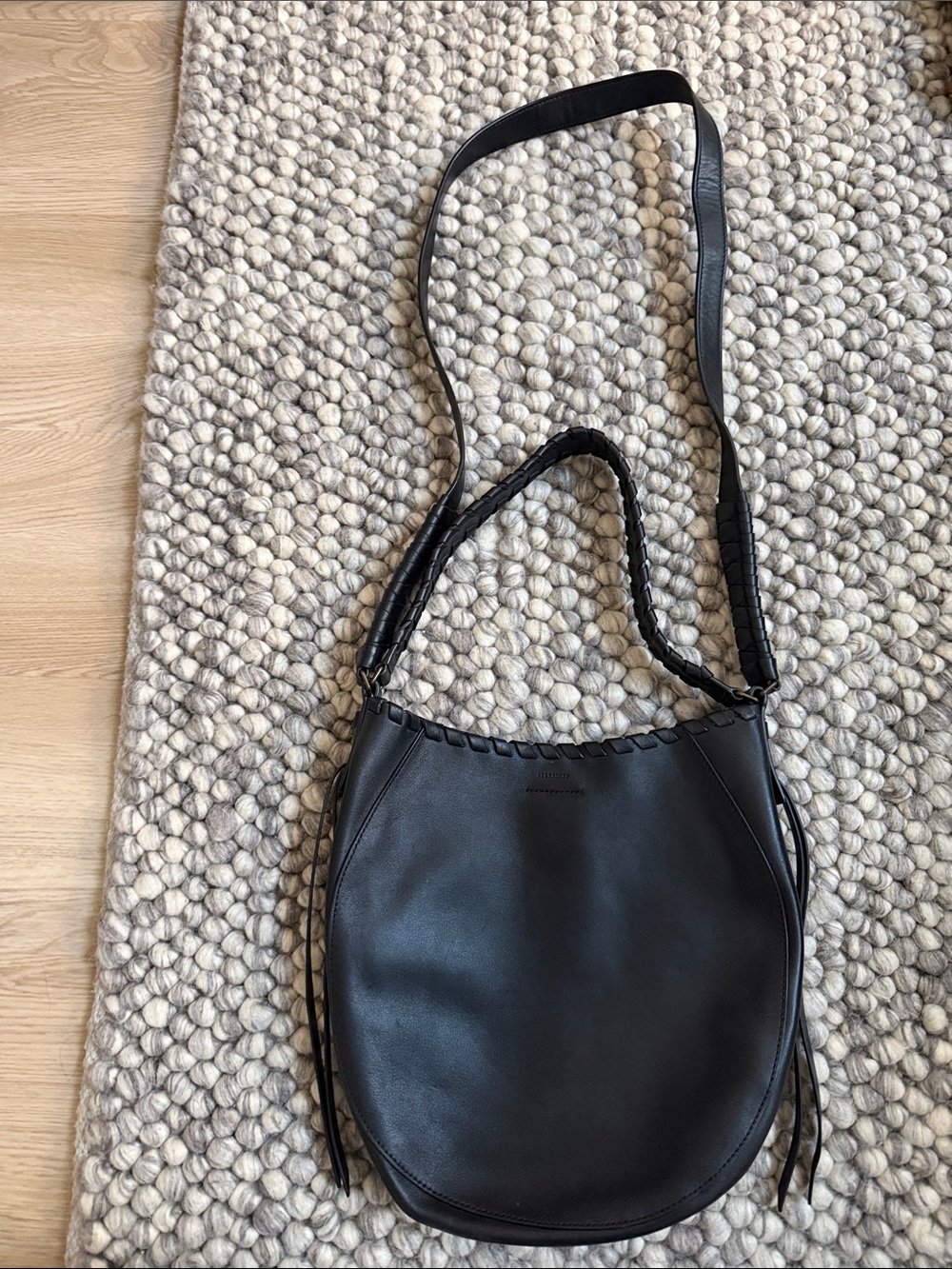 AllSaints Black Leather Shoulder Bag with Braided Detail